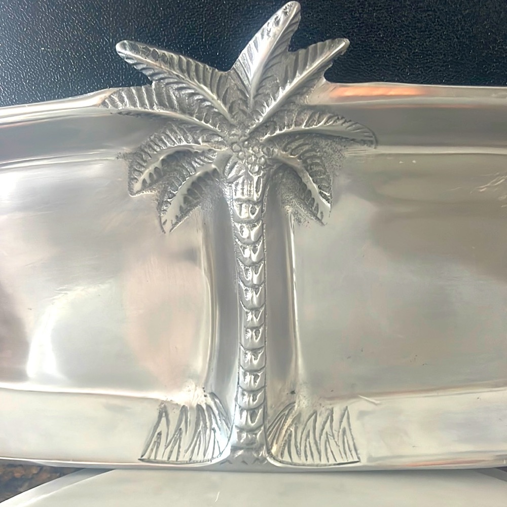 EUC India metalware palm/palmetto divided serving entertaining oblong dish